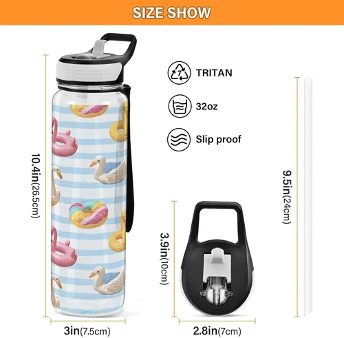Vista 3 de ALAZA Flamingo Swan Circlen - Botella de agua con tapa de pajilla, 32 onzas, a prueba de fugas, botella de agua deportiva transparente grande