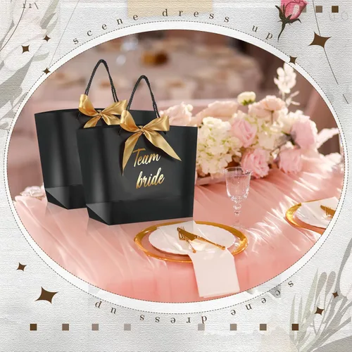 Vista 3 de Tenceur 16 bolsas de regalo de novia con lazo para dama de honor, bolsas de papel con asa, color negro para despedidas de soltera, bodas, despedidas