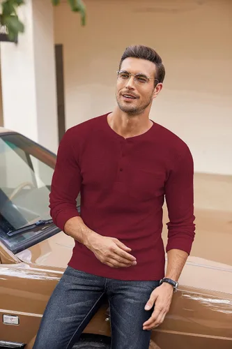 Vista 3 de COOFANDY Camisas Henley de manga larga para hombre con bolsillo