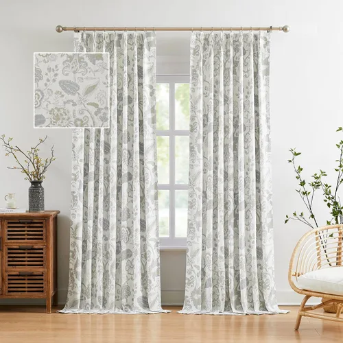 Vista 11 de Kayne Studio Paneles de cortina 100% opaca azul gris con estampado de hojas botánicas, cortinas florales de estilo granja para sala de estar y Azul