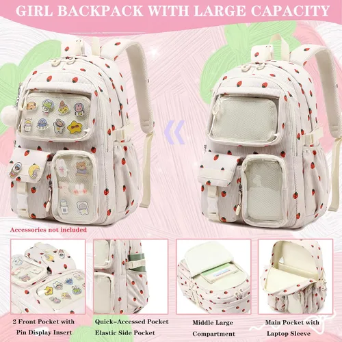 Vista 6 de Mochila escolar para niñas y niños, mochila escolar para primaria, resistente al agua, mochila escolar para adolescentes, Fresa Beige, Tamaño único