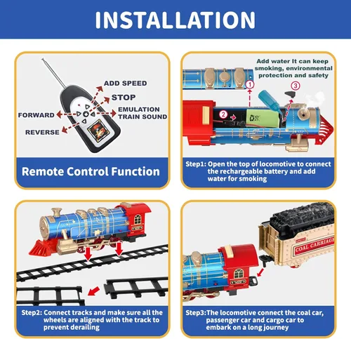 Vista 4 de JQ JUQU Juego de tren de control remoto para niños de 3 a 8 años, tren de juguete eléctrico con vapor, luces y sonidos, incluye 17 pistas y batería