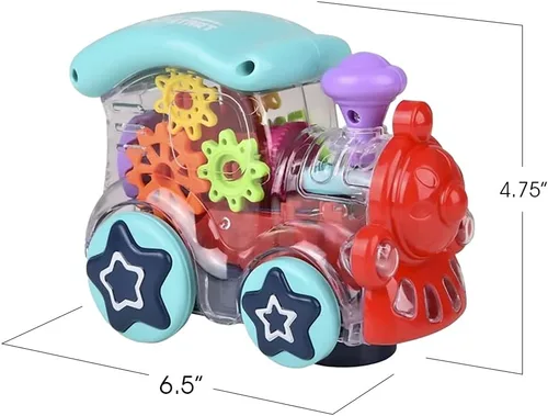 Vista 3 de ArtCreativity Tren de juguete transparente iluminado para niños, 1 unidad, auto de juguete Bump and Go con engranajes móviles coloridos, música