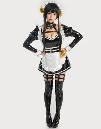 Vista 6 de MEOWCOS - Vestido de sirvienta para mujer, diseño de anime, cosplay, delantal francés, delantal de sirvienta con diadema y calcetines en el muslo