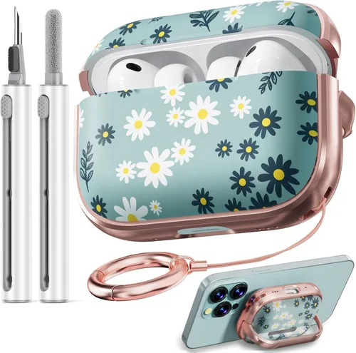 Vista 34 de Inesore Funda con bloqueo de seguridad para AirPods 4 2024, bonita funda floral para AirPod de 4ª generación para mujeres con kit limpiador