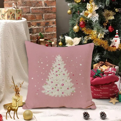 Vista 2 de GOOESING Fundas de almohada de Navidad de 18 x 18 pulgadas, color rosa con árbol de Navidad, funda de cojín para sofá, decoración del hogar