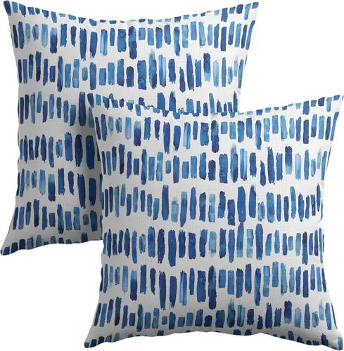 Vista 13 de Juego de 2 fundas de almohada de rayas negras para exteriores, 16 x 16 pulgadas, diseño geométrico de rayas abstractas, algodón y lino, cuadradas