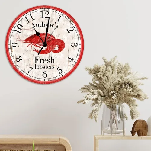 Vista 5 de Reloj de madera personalizado con langostas rojas y frescas, relojes de madera de cuarzo de calidad, funciona con pilas, relojes de pared de 12
