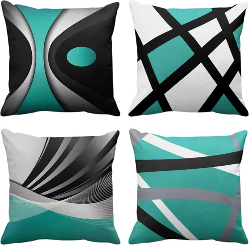 Vista 12 de Emvency Juego de 4 fundas de almohada negras modernas abstractas de rayas grises grises grises y blancas de acrílico llamativo, fundas de almohada