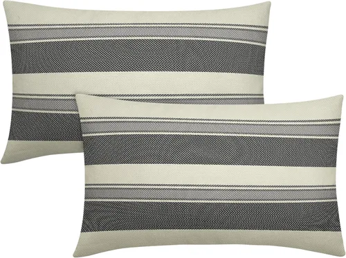 Vista 25 de Juego de 2 fundas de almohada a rayas negras y marrones de 16 x 16 pulgadas, diseño de rayas bohemias con estampado de rayas color crema, fundas
