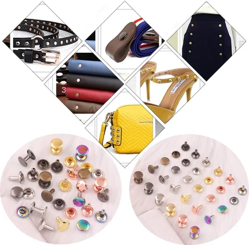 Vista 6 de Remaches tubulares de doble tapa de oro rosa, botón de metal redondo de 0.394 pulgadas (0.394 in), remaches rápidos para bolsos, bolsos, zapatos