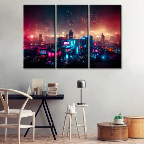 Vista 95 de Arte de pared de 3 piezas de escena de ciencia ficción de la calle comercial futurista paisaje urbano, decoración de pared para dormitorio