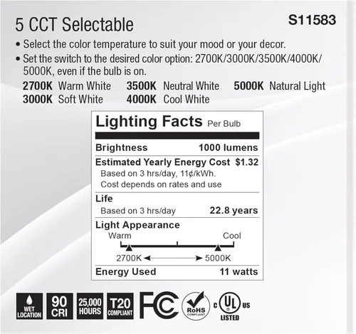 Vista 6 de Satco S11583; LED PAR30SN de 11 vatios; base media; acabado plateado; CCT seleccionable; 120 voltios; ángulo de haz de 40 grados