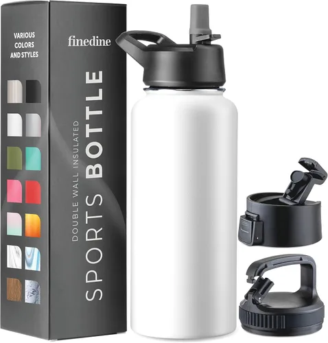 Vista 13 de FineDine Botellas de agua aisladas de triple pared con popote, botella de metal de acero inoxidable de 25 onzas con 3 tapas a prueba de fugas