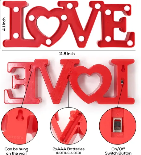 Vista 4 de Letrero de amor con luces, decoración del día de San Valentín, letras de marquesina de amor, decoración romántica iluminada de mesa para boda y Rojo