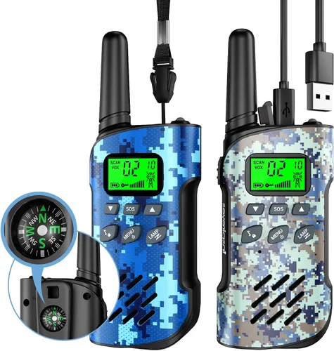 Vista 20 de Inspireyes Walkie Talkies para niños, paquete de 2 recargables de largo alcance, juguetes para niños y niñas de 3 a 12 años, juguete de radio de 2