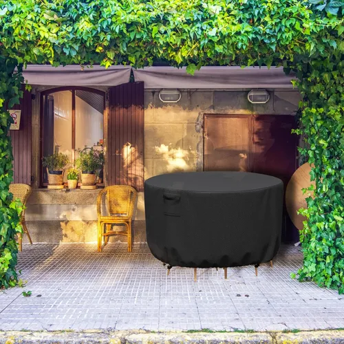 Vista 7 de Funda Redonda para Muebles de Patio, Fundas Impermeables para Mesas de Exterior, Funda para Muebles de Patio Resistente al Viento de Servicio Pesado