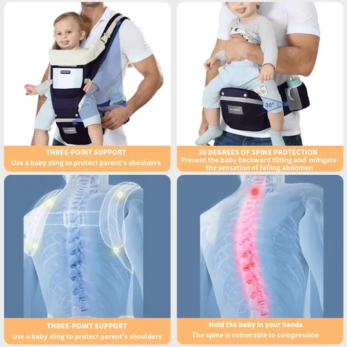 Vista 4 de KIYUMI Portabebés con asiento de cadera, posición M ergonómica, de recién nacido a niño pequeño, soporte para la cabeza y malla transpirable