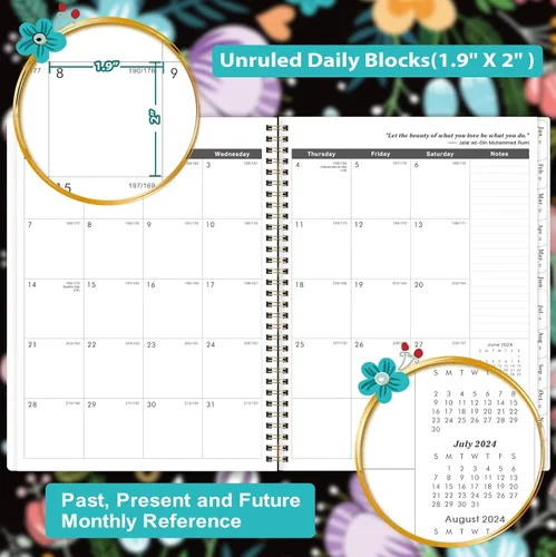 Vista 3 de Agenda mensual floral de 3 años, julio de 2024 a junio de 2027, con 36 pestañas mensuales coloridas y bolsillo