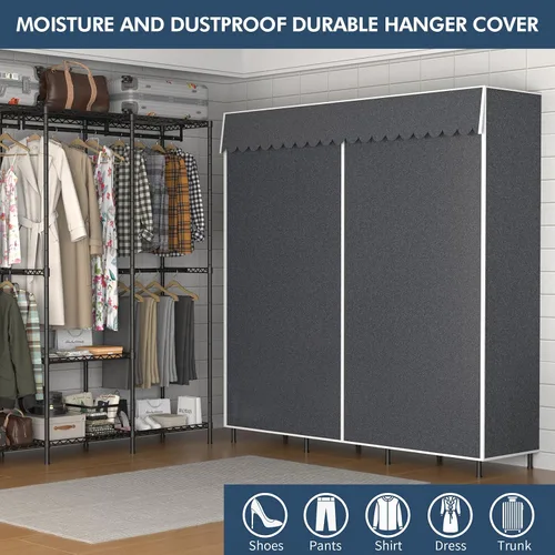 Vista 4 de Armario portátil resistente de 68 pulgadas con tapa, gran perchero de almacenamiento para colgar ropa, armario de metal, estantes de ropa