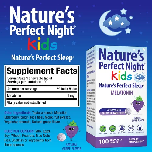 Vista 3 de Nature's Perfect Night Paquete Melatonina 5 mg Melatonina para niños de 1 mg 200 unidades 100 unidades Sin azúcar Sin gluten Sin OMG