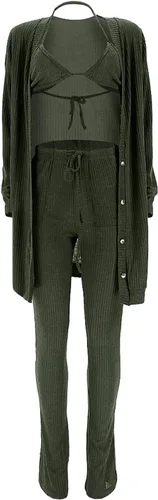 Vista 2 de imbpceu Conjunto sexy de 3 piezas para mujer, cárdigan con botones frontales, brasier triangular, cordón y dobladillo dividido con bolsillo