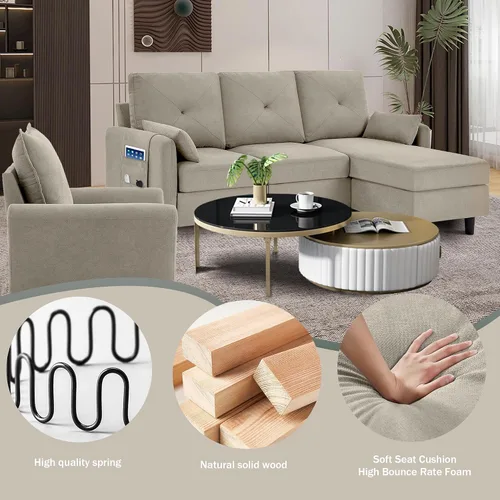 Vista 4 de Sofá Seccional Convertible, Sofá Pequeño en Forma de L de 77 pulgadas, Sofá de 3 Asientos con Chaise de Almacenamiento Reversible y Conjunto