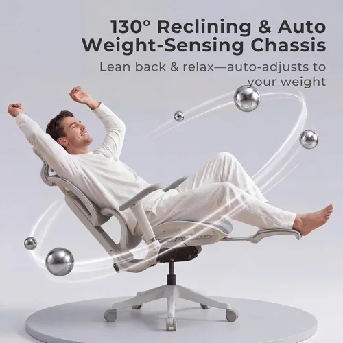 Vista 6 de WELAX Silla de oficina ergonómica sin reposapiés, silla de oficina de malla con reposabrazos y reposacabezas 3D, silla de escritorio S9 con Gris