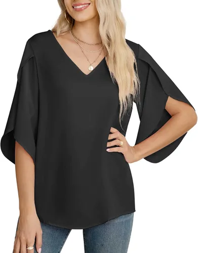 Vista 16 de Blusas de gasa con mangas 3/4 arrugadas de otoño para mujer de Jouica 01amy Verde