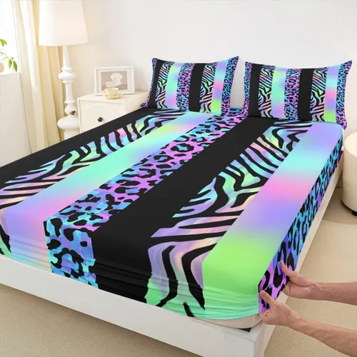 Vista 15 de Sábana bajera ajustable para niños, tamaño individual, diseño de cebra y leopardo con purpurina, decoración de habitación para niñas y mujeres, A1