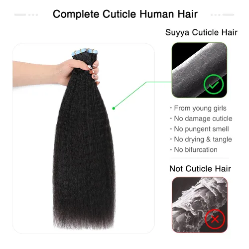 Vista 5 de SUYYA Extensiones de Cabello Humano Rizado Liso con Cinta, Color Negro Natural, Extensiones de Cabello con Cinta, Cabello Humano Rizado Liso, 12