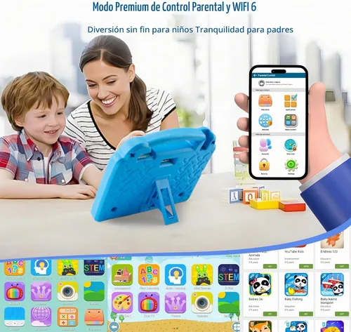Vista 4 de Tablet infantil de 10.1 pulgadas, tableta Android para niños, Android 15, pantalla de 1280 x 800, CPU Octa-Core, 8 GB+64 GB, 1 TB expandible a Azul
