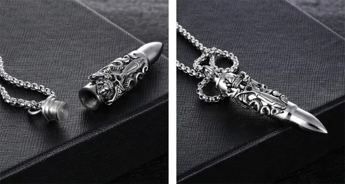 Vista 4 de PAURO Collar de cadena con colgante cilíndrico de acero inoxidable con espada, doble dragón abierto