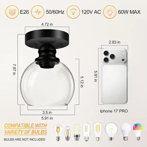 Vista 4 de Glass Semi Flush Mount Ceiling Light, Industrial Porch Light Fixtures, Matte Black Base with 6“ Clear Glass Shade, Bright Close to Ceiling Light for