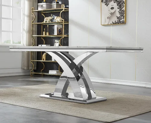 Vista 7 de Henf Mesa de comedor de mármol sintético de 68 pulgadas para 4-6 personas, mesa rectangular moderna con parte superior de mármol blanco y base