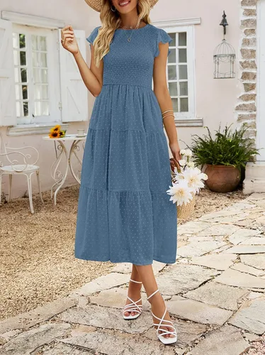 Vista 7 de MEROKEETY Vestido midi fruncido de manga corta con volantes de verano para mujer, con lunares suizos, vestidos escalonados