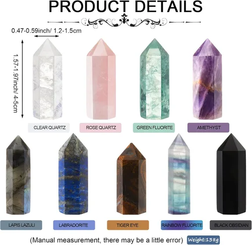 Vista 3 de Junkin 9 juegos de varita de cristal curativo, amatista cuarzo rosa, cuarzo transparente, ojo de tigre, obsidiana, fluorita, labradorita