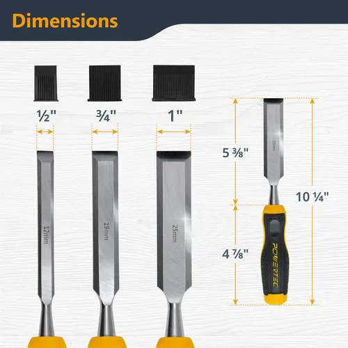 Vista 2 de Juego de cinceles de madera POWERTEC de 3 piezas - Cinceles de banco de borde biselado de 1", 3/4" y 1/2" con tapa de golpe, hojas de acero al cromo