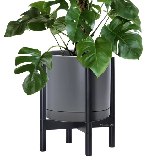 Vista 64 de D'vine Dev Maceta de cerámica con soporte de ébano – Maceta redonda moderna de 8 pulgadas con soporte para maceta de madera, color negro, 55-B-M-2