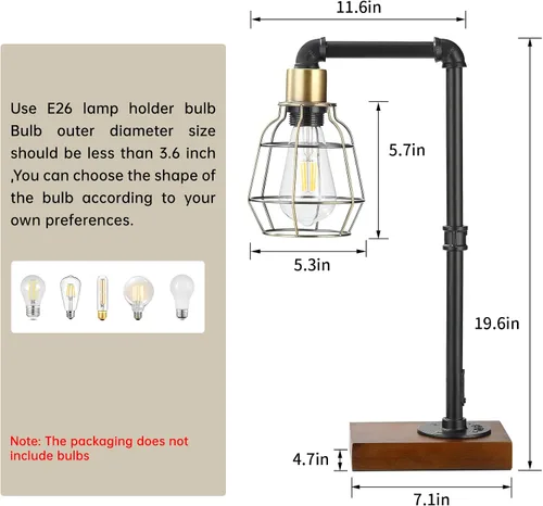 Vista 2 de CONCA Lámpara de mesa Steampunk, base E26, iluminación rústica Edison, lámpara de mesa con pantalla enjaulada (A-Negro+Bronce)