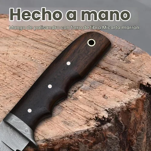 Vista 4 de Knives Ranch Cuchillo de Caza Artesanal de 9-1/2"- Cuchillo de Bushcraft y Campamento de Acero Damasco con Espiga Completa- Mango de Palisandro