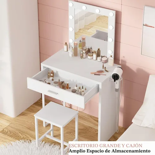 Vista 2 de Titoni Pequeño tocador de maquillaje con espejo y luces, escritorio blanco con silla, brillo ajustable, juego de mesa de maquillaje para dormitorio
