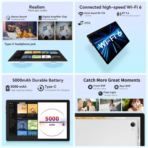 Vista 6 de Tableta, tableta Android de 10 pulgadas con Ocata Core, 64GB ROM+1TB Expand, 1280x800 HD IPS pantalla táctil, 5000mAh, 120Hz, 5MP+8MP, Widevine L1