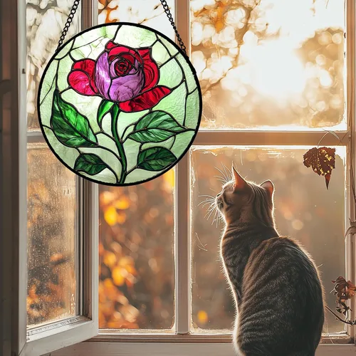 Vista 4 de Juego de 4 piezas para colgar vidrieras, rosas rojas, girasoles amarillos, 6.3 pulgadas, atrapasoles de flores, puerta de jardín, decoración