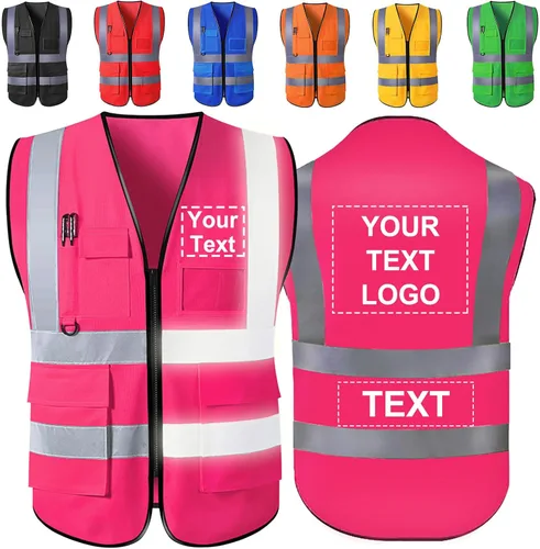 Vista 7 de Chaleco de seguridad personalizado con logotipo, texto, nombre, alta visibilidad, bolsillos y cremallera, a granel para mujeres y hombres Class 2