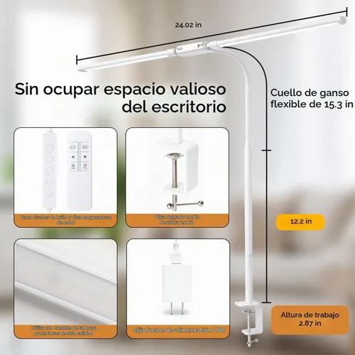 Vista 8 de Lámpara de escritorio LED con abrazadera, luz de arquitecto ajustable de doble cabeza, lámpara de escritorio para monitor de cuidado de los ojos
