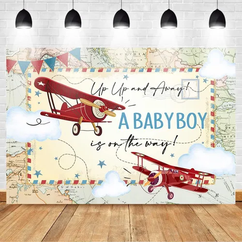 Vista 2 de Mocsicka Telón de fondo rojo de avión para baby shower, mapa de aventura de avión vintage, un bebé niño está en camino, fondo de fiesta de baby