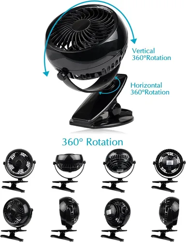 Vista 9 de Gazeled Ventilador de clip a batería, rotación de 360°, con 8 pilas AA gratis, ventilador silencioso USB o a batería, ventilador de clip portátil