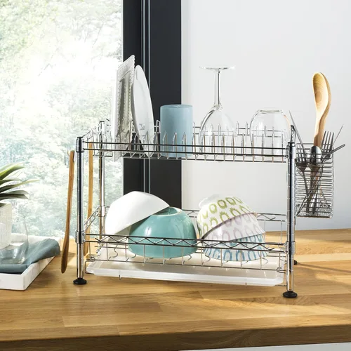 Vista 2 de happimess DSH1002A Brooklyn - Escurridor de platos ajustable de 2 niveles con soporte para cubiertos, acero al carbono duradero para varios