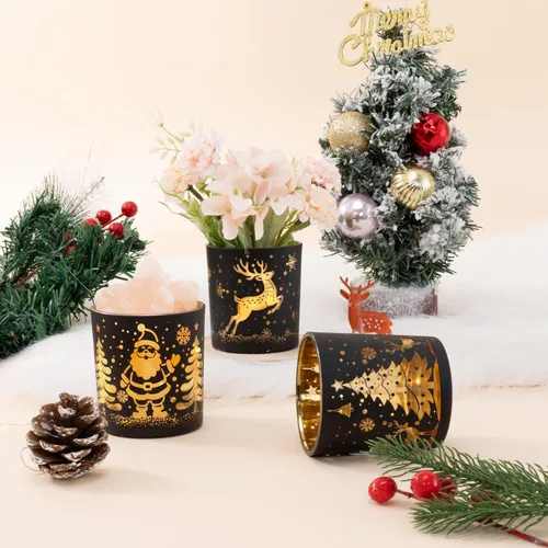 Vista 7 de Portavelas votivas, juego de 3 portavelas de Navidad de cristal negro y dorado, portavelas de té con Papá Noel, reno, patrón de árbol Xmax